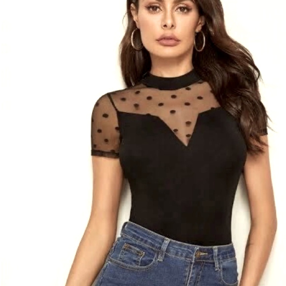 NEW Mesh Polka Dot Short Sleeve Tee Top